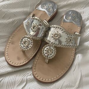 Jack Rogers Silver Tan Sandals with Whipstitch Design